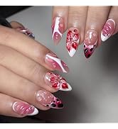 24Pcs French Tip Press on Nails Medium Almond Sweet Pink Fake Nails with White Line 3D Water Drop...
