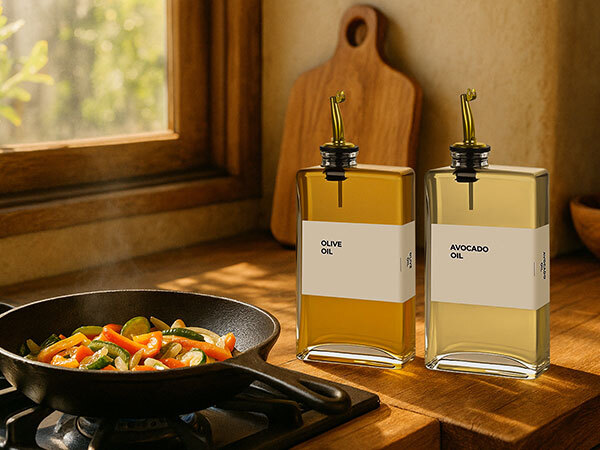 Two glass oil dispensers labeled olive oil and avocado oil beside stove