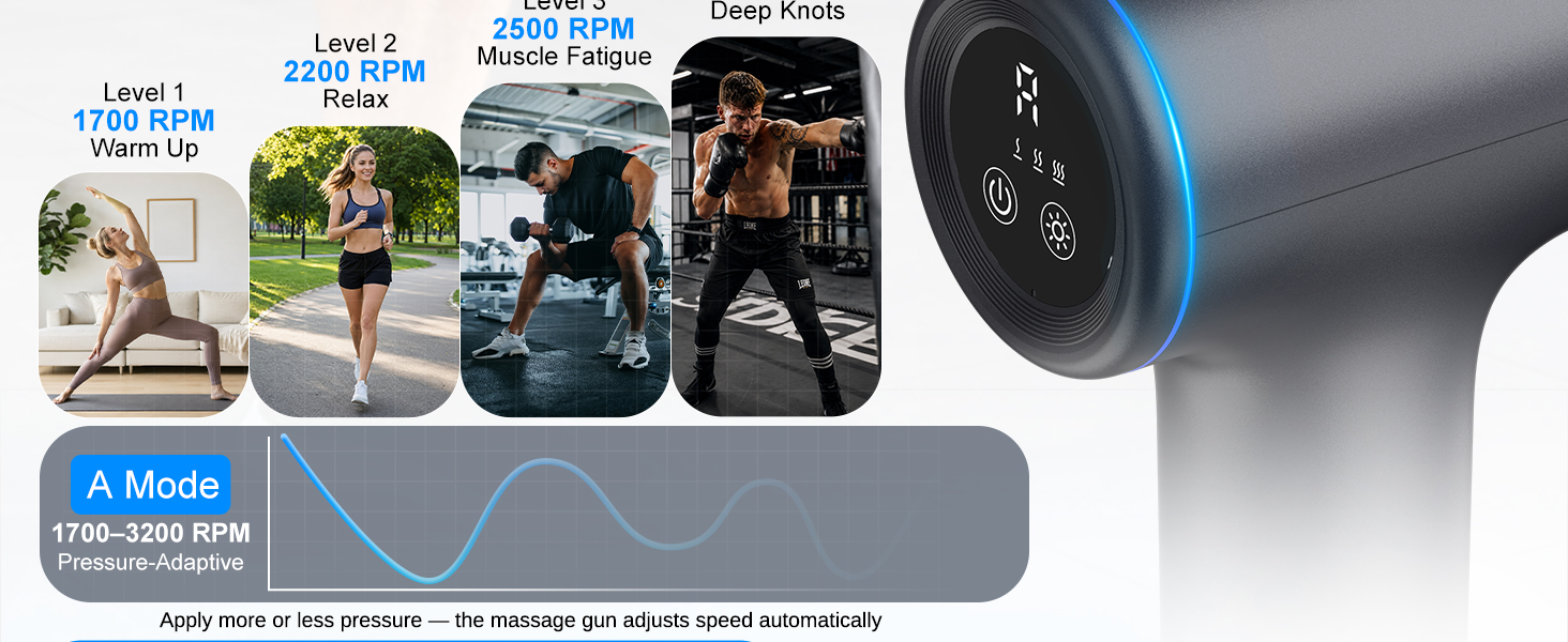 Percussion massage gun with 10mm amplitude, 55dB quiet motor and 10-min auto shut-off for recovery.