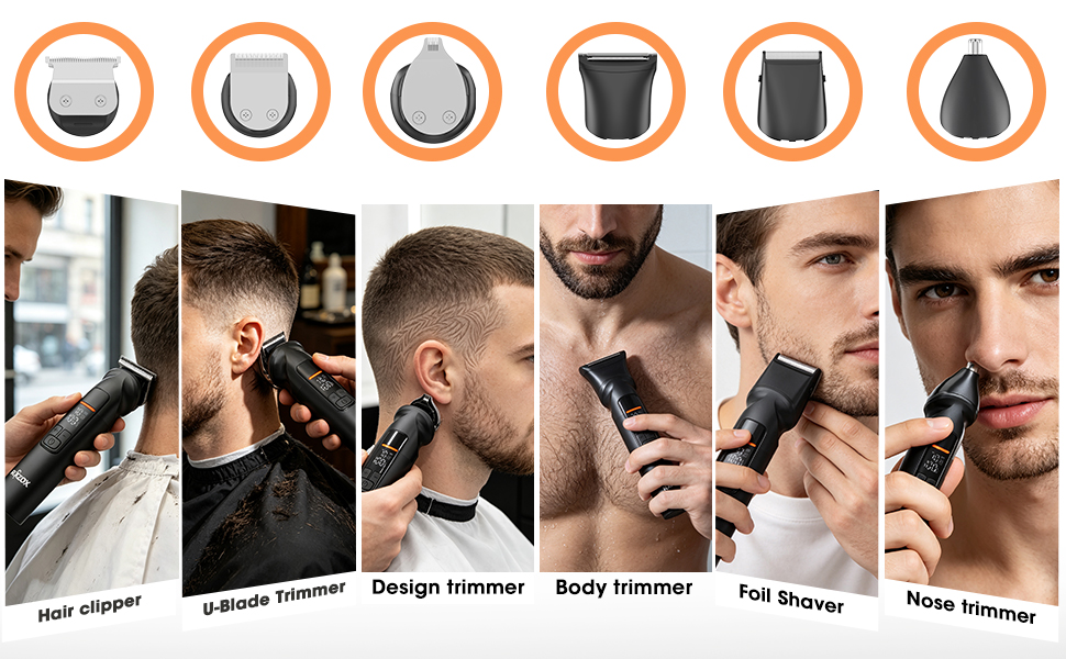 Six attachments: hair clipper, U-blade, design trimmer, body groomer, foil shaver, nose trimmer
