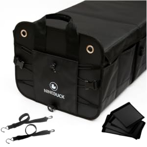 Black NINEDUCK trunk organizer shown with included dividers and anchor straps.