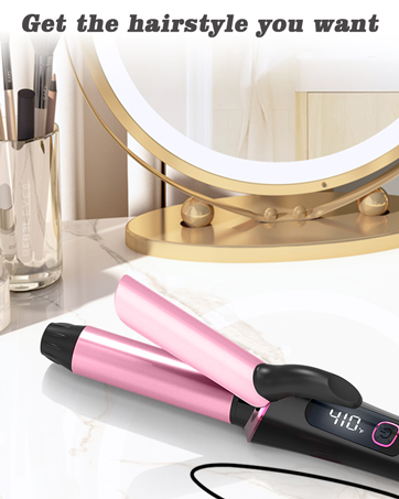 Text reads 'Get the hairstyle you want'. Pink hair styling tool shown with illuminated vanity mirror and glass container on wooden surface.