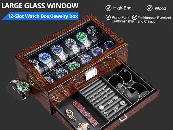 BEWISHOME High-End Watch Box, 12-Slot Watch Case with Large Glass Lid, 2-Layer Wooden Watch