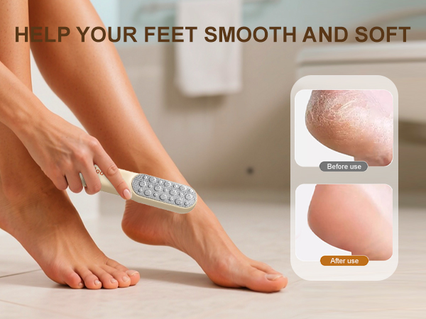 Foot brush: Person uses it on foot. Before (dry skin) vs after (soft skin) shown.