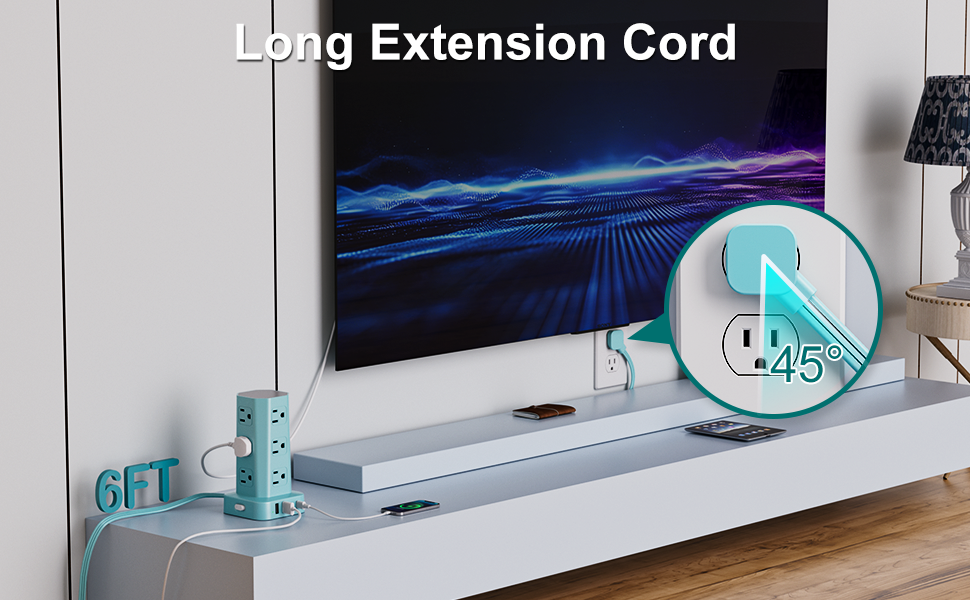 power strip tower flat plug long extension cord 12 ac usb fast charging