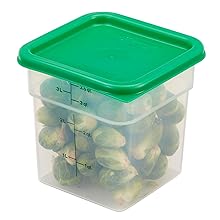 Translucent container usede to store brussel sprouts, with a green cover