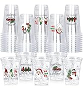 TREWAVE 50Pcs Christmas Cups Disposable 12 OZ Gnome Santa Snowman Truck Xmas Tree Clear Plastic C...