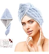 JEFFSUN Microfiber Hair Drying Towel Wrap, 2-Layer Grey & Blue Thickest Super Absorbent Hooded Ha...