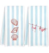 JOQUXI Blue Striped Beach Kitchen Towels, Coastal Conch Seashell Bikini Decorative Hand Tea Towel...