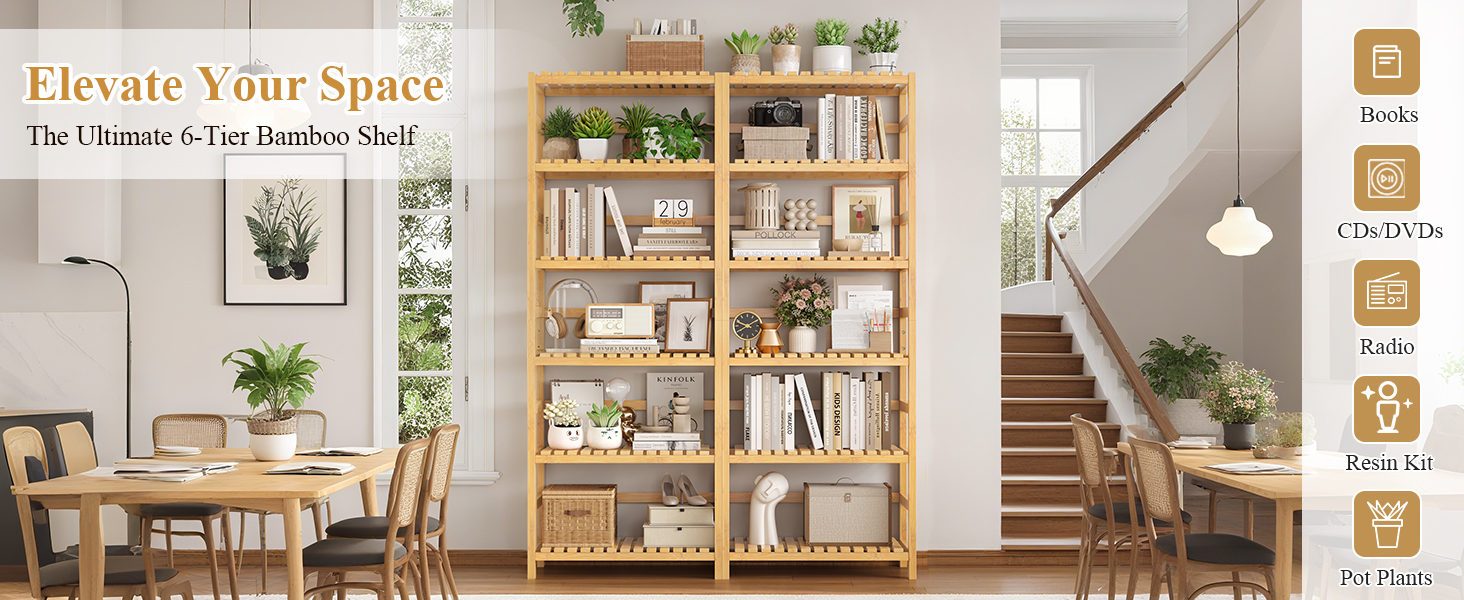 FOTOSOK 6-Tier Bamboo Shelf