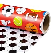 RUSPEPA Reversible Sports Wrapping Paper Roll, Mini Roll, Red Sports Ball Pattern and Classic Soc...