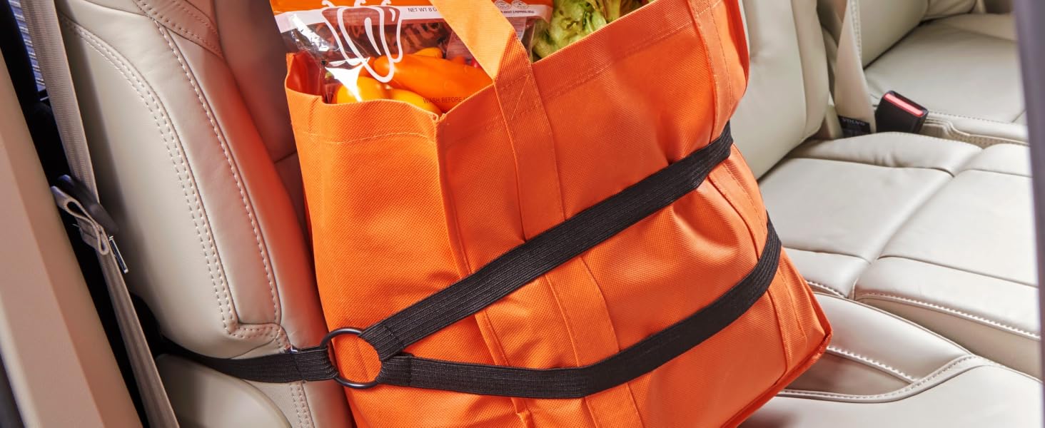 HoldTight in back seat holding a bag of groceries