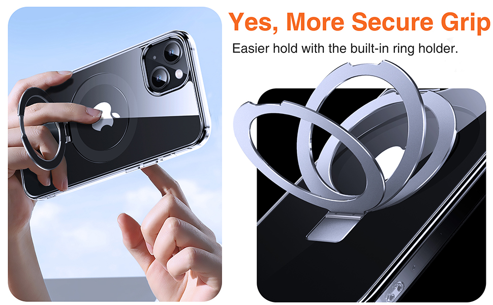 Smartphone grip accessory demonstration. Left image shows hand holding phone with ring grip. Right image displays white ring grip attached to black phone case.