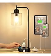 Industrial Bedside Table Lamp for Bedroom - Nightstand Lamps with USB C Charging Port, Fully Dimm...