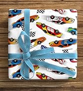 ZINTBIAL Race Car Wrapping Paper for Kids Birthday - Flames, Checkered Flags, Colorful Racing Car...