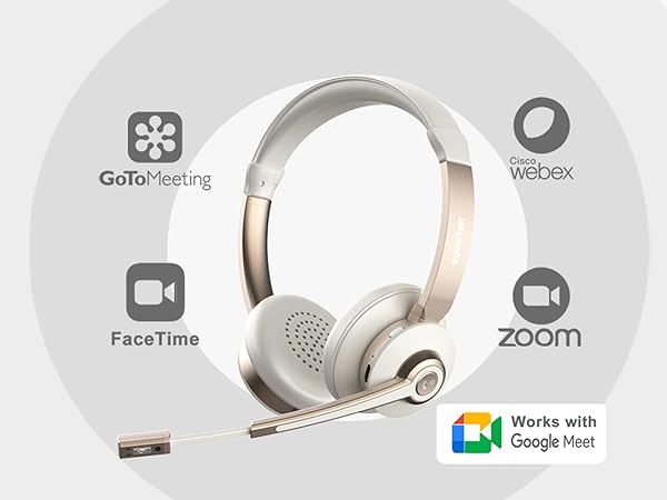 White and gold wireless headset with microphone, surrounded by video conferencing app logos. Compatible with multiple platforms including Google Meet.