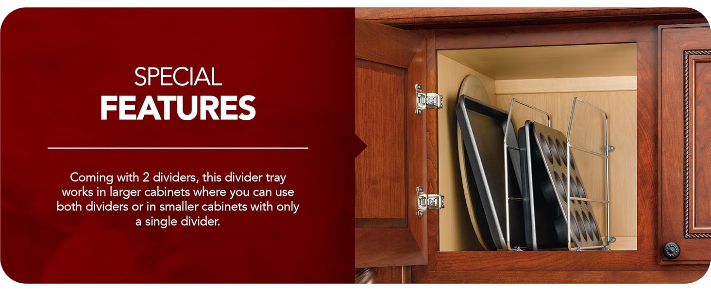 Image of Tray Dividers inside cabinet. Text reads: Special Features