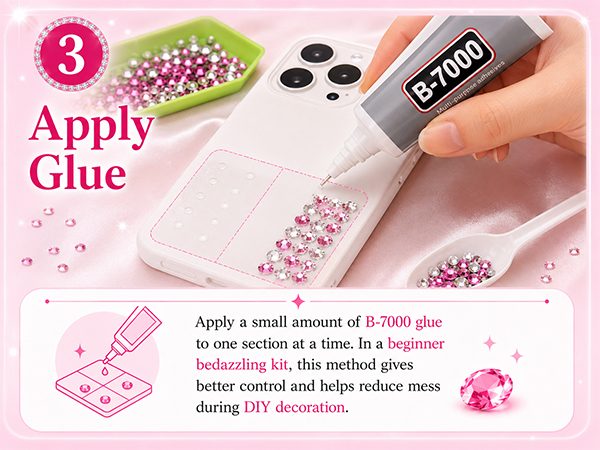 Applying B7000 glue to a small area for cleaner beginner bedazzling