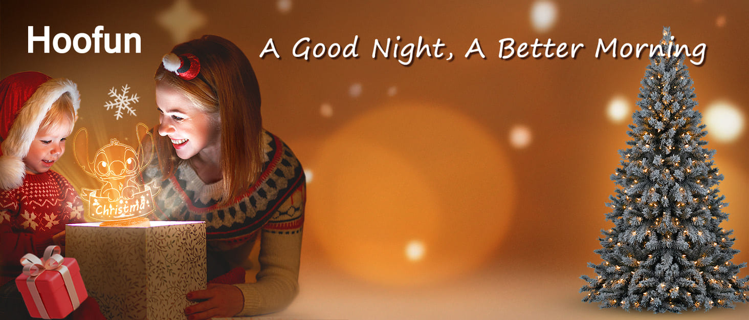 Promotional image for Hoofun product. Shows child opening glowing gift box near Christmas tree. Text reads 'A Good Night, A Better Morning'.