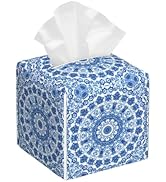 Boho Mandala Flower Tissue Box Cover Square, Blue and White Porcelain Floral Tissue Box Holder Wa...