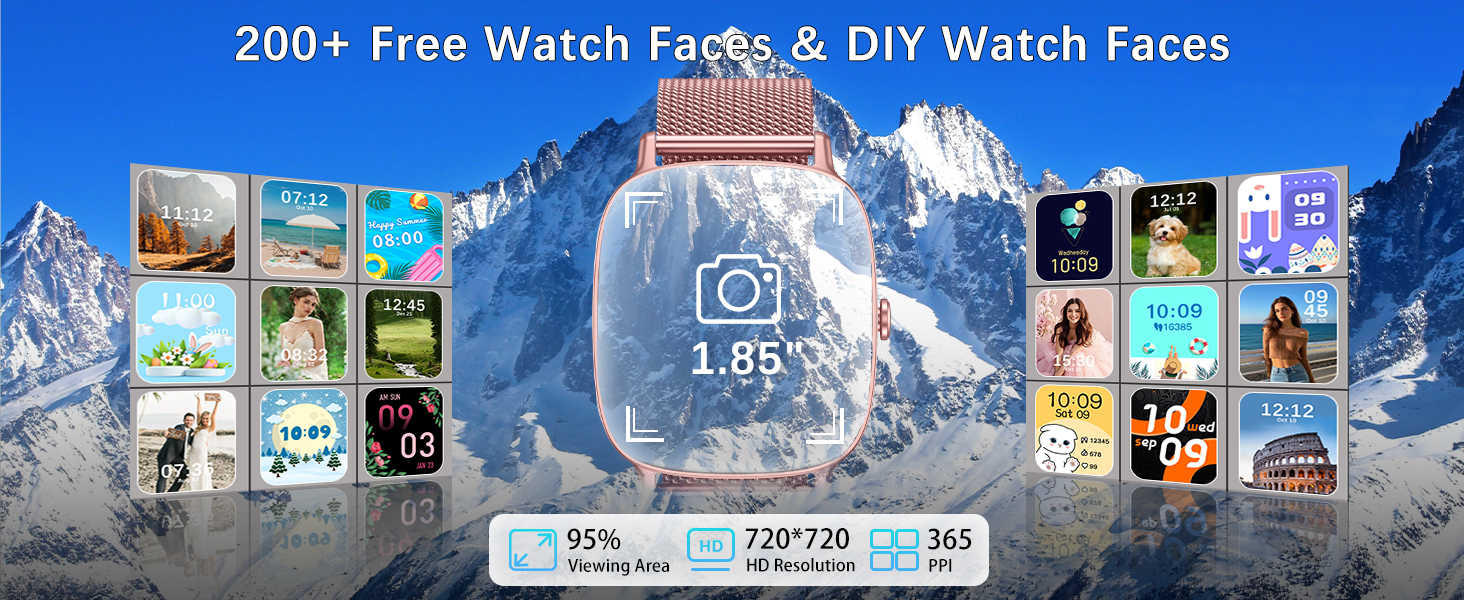 Text reads '200+ Free Watch Faces'. Marketing image showing mountain background with grid of smartwatch face designs and Instagram icon with engagement metrics.