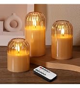 Girimax Gold Glass Flameless Candles with Remote, Real Wax Flickering Battery LED Pillar Candles ...