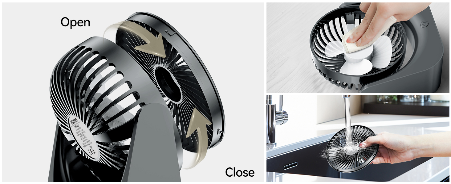 Collapsible fan or ventilation device shown in open and closed positions, with demonstration of cleaning under running water.