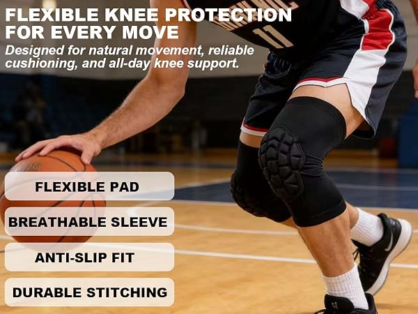 Flexible knee pads for natural move, breathable, anti-slip and durable pads for basketball adult