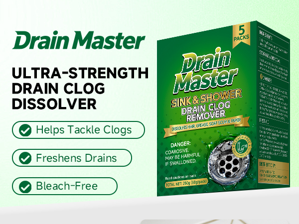 Drain Master, ultra-strengh drain clog dissolver, helps trckle clogs, freshens drains, bleach-free