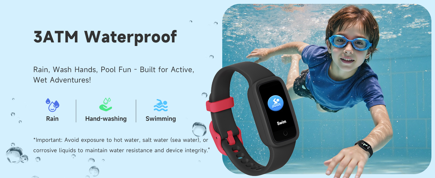 Text reads '5ATM Waterproof'. Underwater scene showing smartwatch functionality with swimming and water resistance indicators. Blue-tinted promotional imagery demonstrating waterproof features.