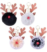 CALFOVERA 4 Colors Faux Fur Ball Keychain PU Leather Christmas Antler Keychain with Fluffy Plush ...