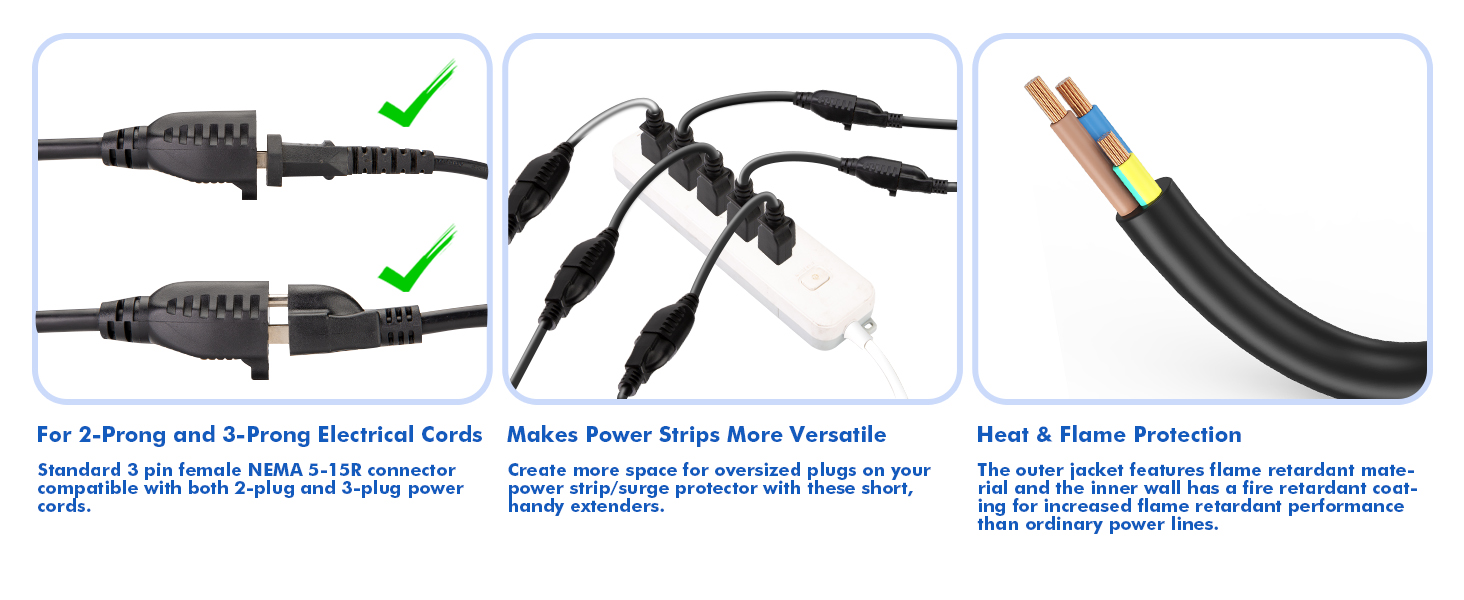 For 2-Prong & 3-Prong Electrical Cords Makes Power Strips More VErsatile Heat & Flame Protection