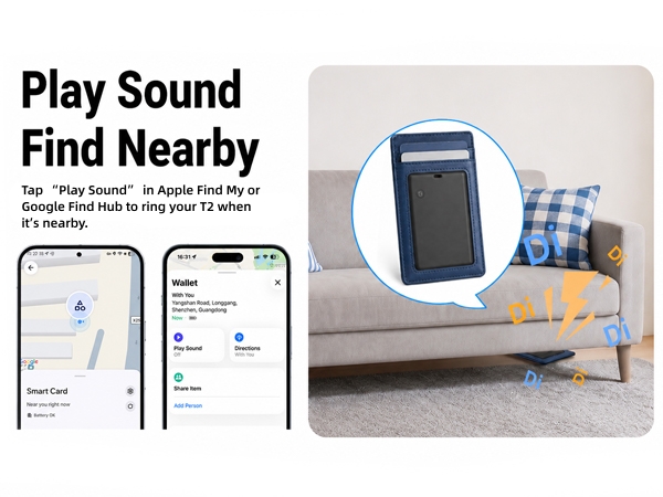 T2 wallet tracker plays a sound in Apple Find My or Google Find Hub when nearby
