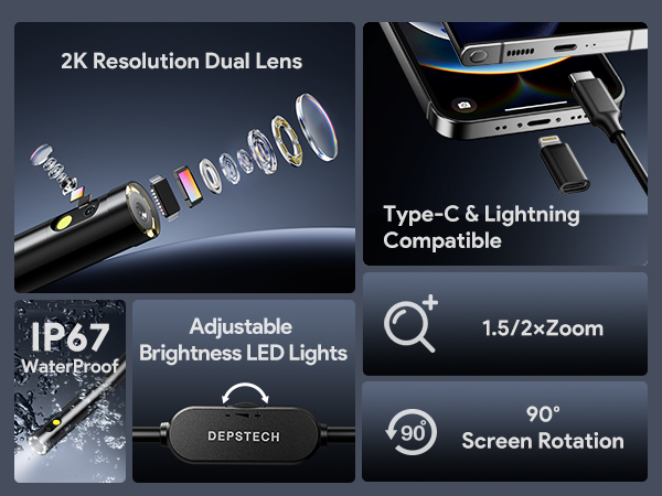 DEPSTECH Endoscope Camera with Ligh Dual Lens Inspection Borescope for iPhone & Android