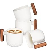Kichvoe Ceramic Espresso Cups With Wooden Handle, 60ml Small Coffee Cups, Set of 4 Ceramic Tea Cu...