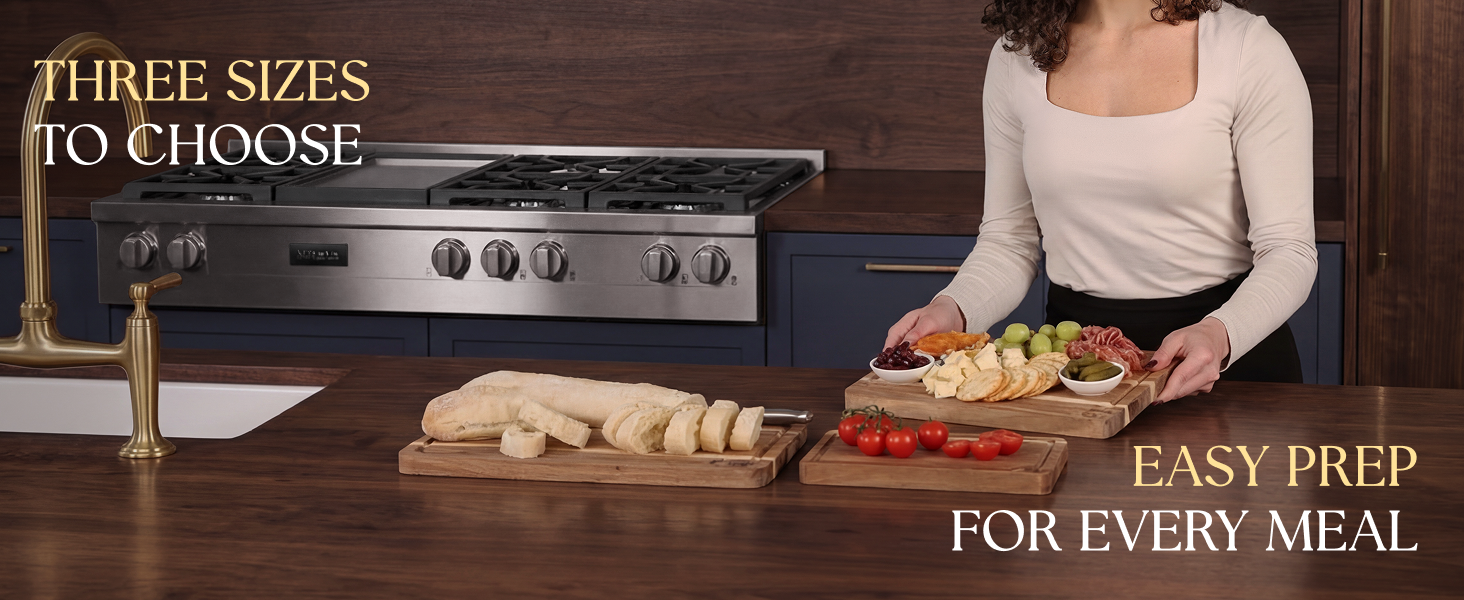 Acacia Cuttiing Board set in three sizes stacked on a kitchen surface, highlighting features