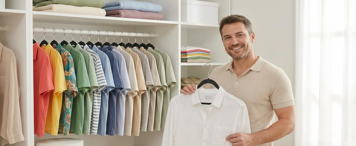 The closet filled with colorful shirts, folded soft textiles, creating a clean, inviting atmosphere