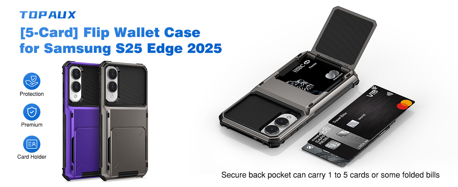 Samsung S25 Edge Wallet Case Galaxy S25e Wallet Case 5 Credit Card Holder Slide Cover Back Pocket