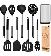 Silicone Cooking Utensil Set, 8Pcs Non-stick Cookware with Stainless Steel Handle, BPA Free Heat ...