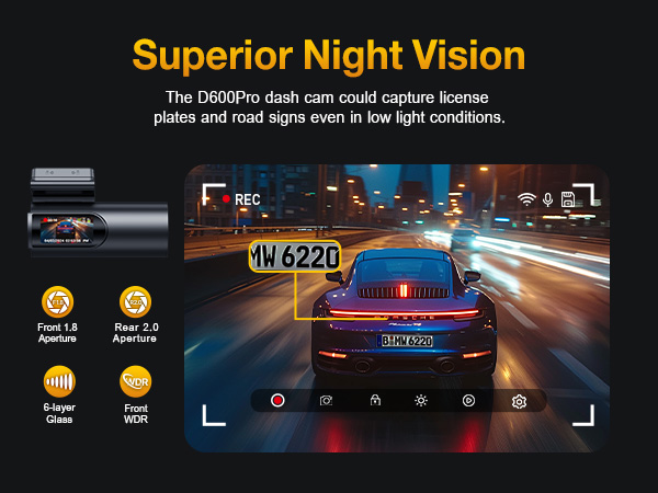 D600Pro dashcam interface showing night vision capability with car tracking, featuring front/rear aperture icons and 6-layer glass specifications on dark background.