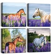 OTOSTAR 4 Pieces Wall Art Canvas Prints - Purple Lavender and Horse Picture Painting - Modern Wal...