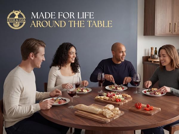Group dining with Acacia cutting board set on Dining table