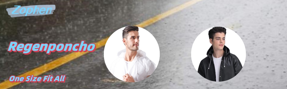 Advertisement for 'Regenponcho' rain poncho. Text 'One Size Fit All' with circular images of two men wearing white and black tops.