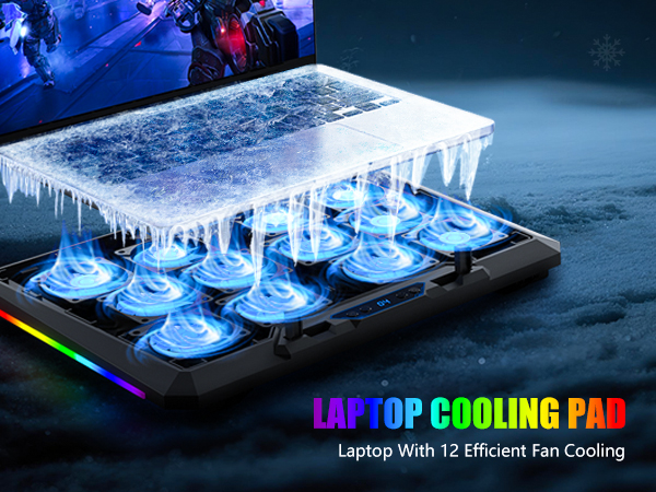 Text reads 'LAPTOP COOLING PAD' and 'Laptop With 12 Efficient Fan Cooling'. Product images show illuminated blue LED cooling fans arranged in grid pattern under laptop.