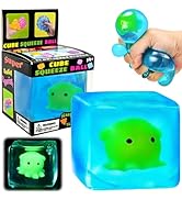 Blue Squeeze Cube with Luminous Octopus Inside,Squishy Stress Fidget Gummy Toys ,Glow in The Dark...