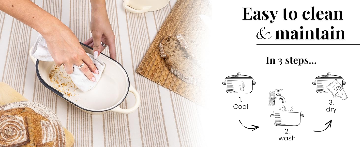 Text reads 'Easy to clean & maintain' with '3 steps' instruction icons showing circular arrows. Image shows hands kneading dough on a floured surface.