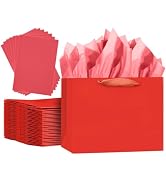 qiqee 5PCS Red Gift Bags with Ribbon Handles 9.6"x7.9"x4.3" Medium Size Gift Bags (10PCS Tissue P...