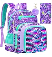gxtvo 3PCS Girls Backpack, 16" Sequin Prechool Elementary Bookbag and Lunch Box
