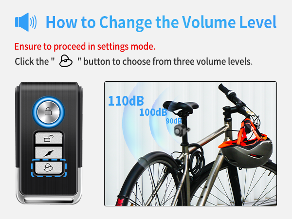 Text reads 'How to Change the Volume Level', '110dB'. Instructional diagram showing volume adjustment interface with bicycle silhouettes and speaker icons.