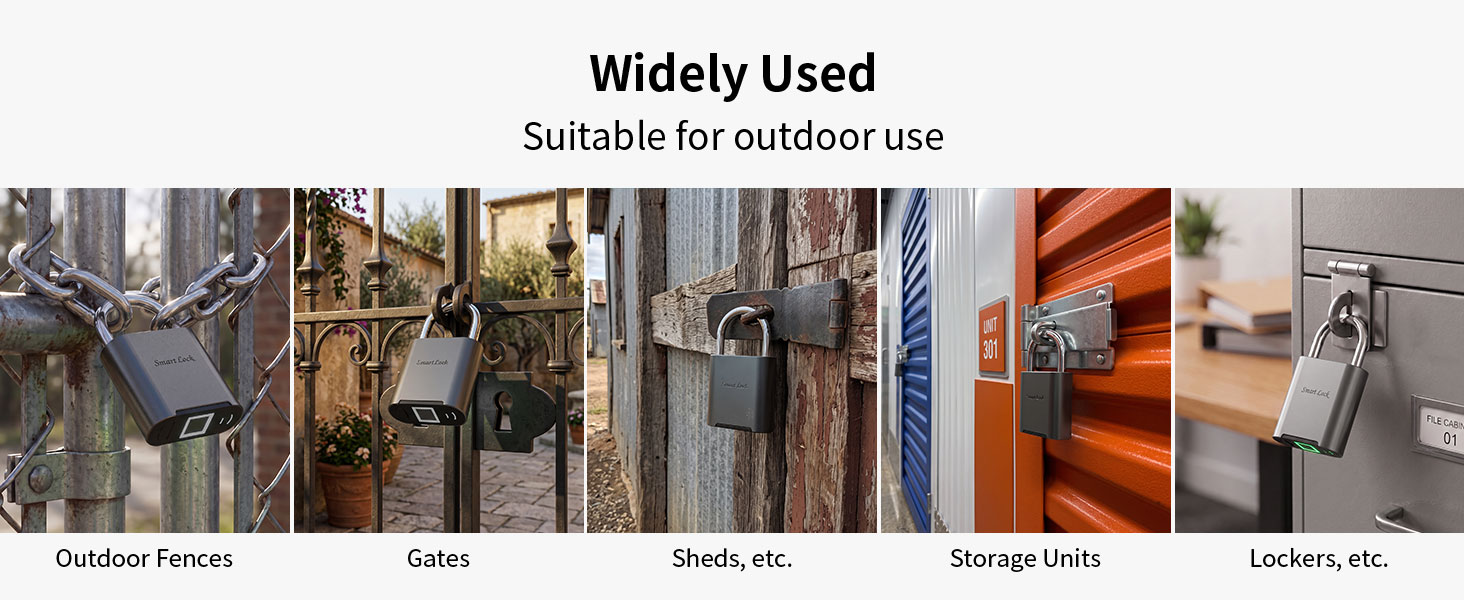 Smart fingerprint padlock multi-scene application for outdoor fences, gates, sheds